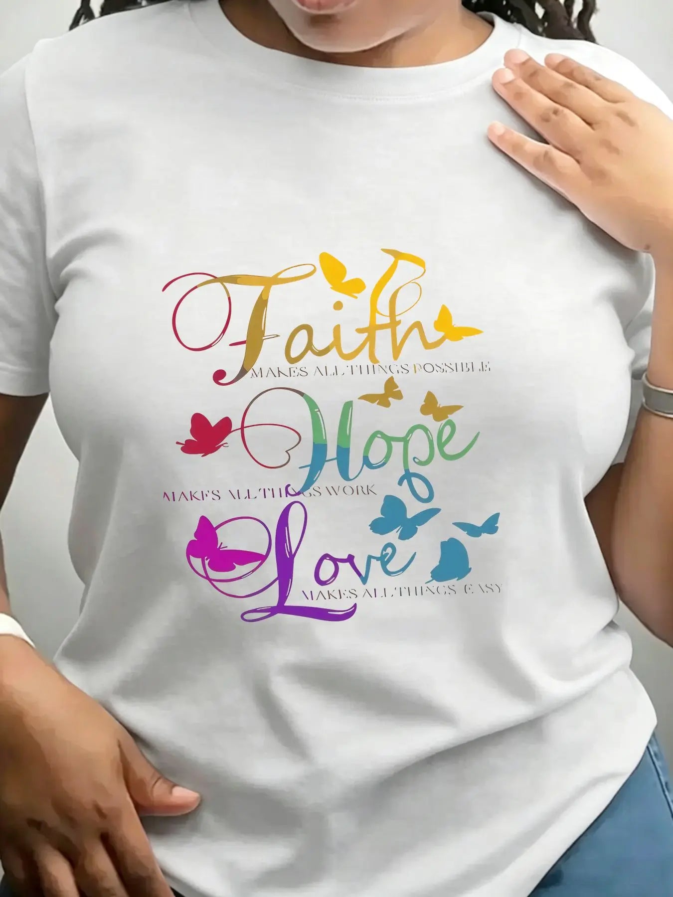 Women's Cotton Crew Neck Faith Hope Love Butterfly Print Top