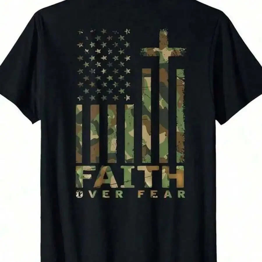 Faith Over Fear Christian Men Camo Cotton Crew Neck Shirt