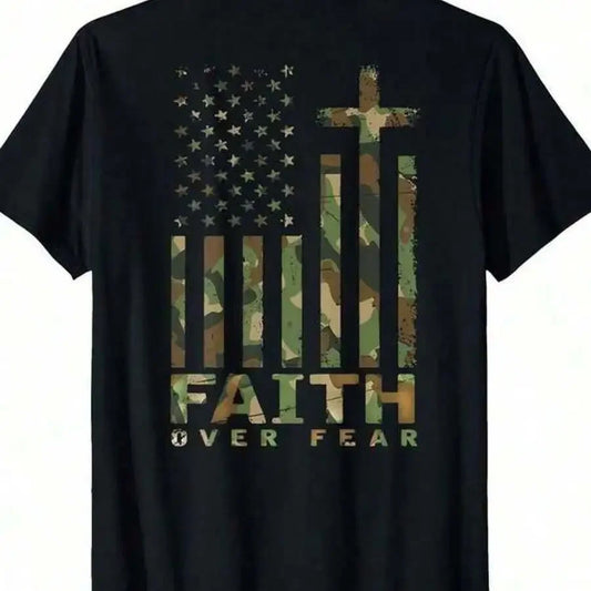 Faith Over Fear Christian Men Camo Cotton Crew Neck Shirt