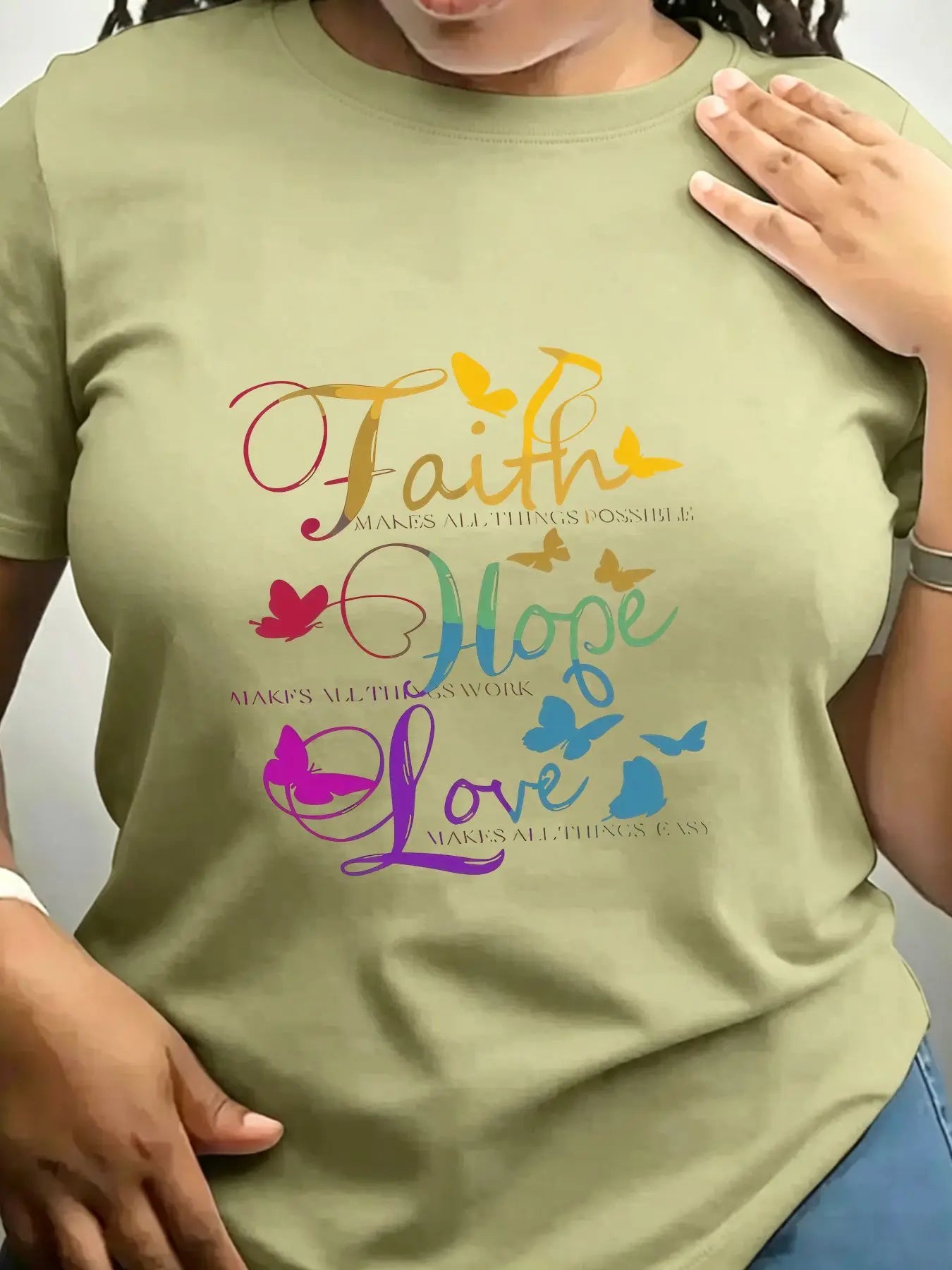 Women's Cotton Crew Neck Faith Hope Love Butterfly Print Top