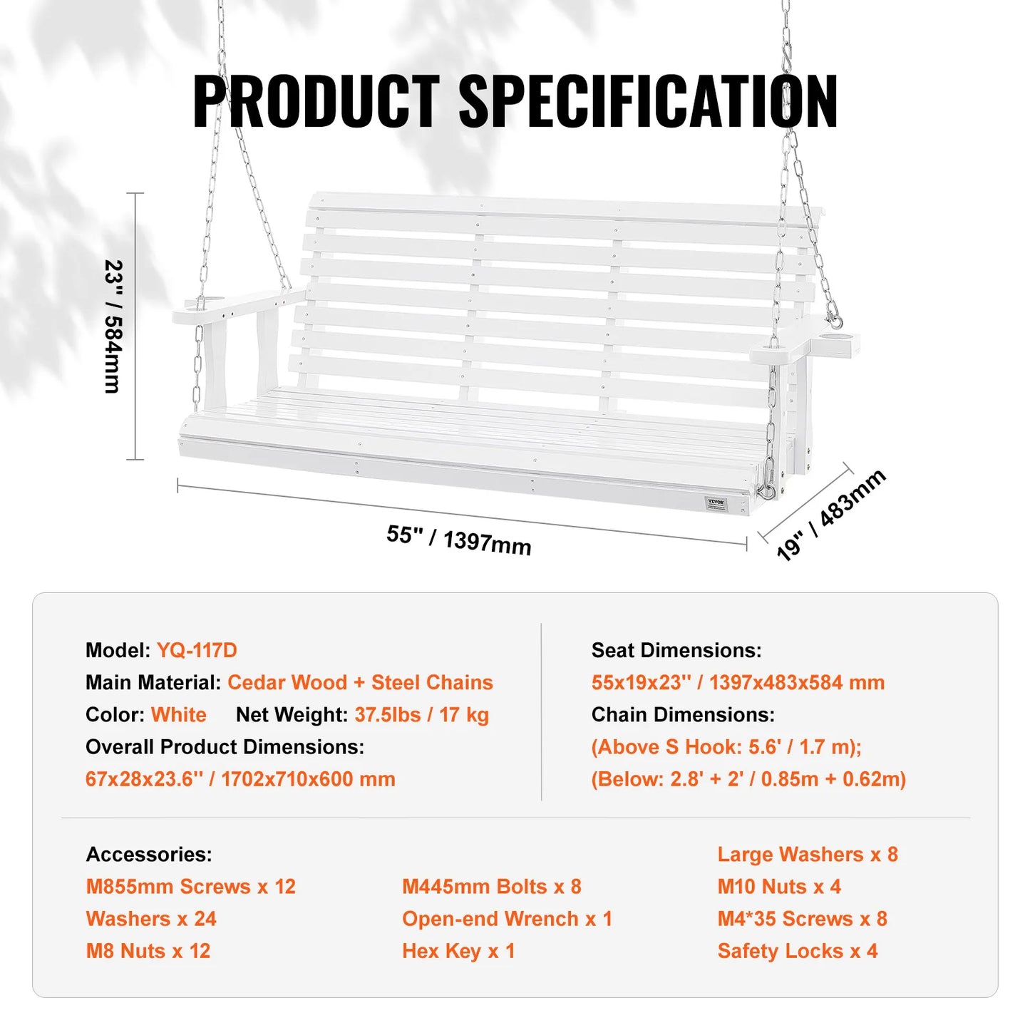 SucceBuy Outdoor Cedar Wood Porch Swing Heavy Duty Steel Chains