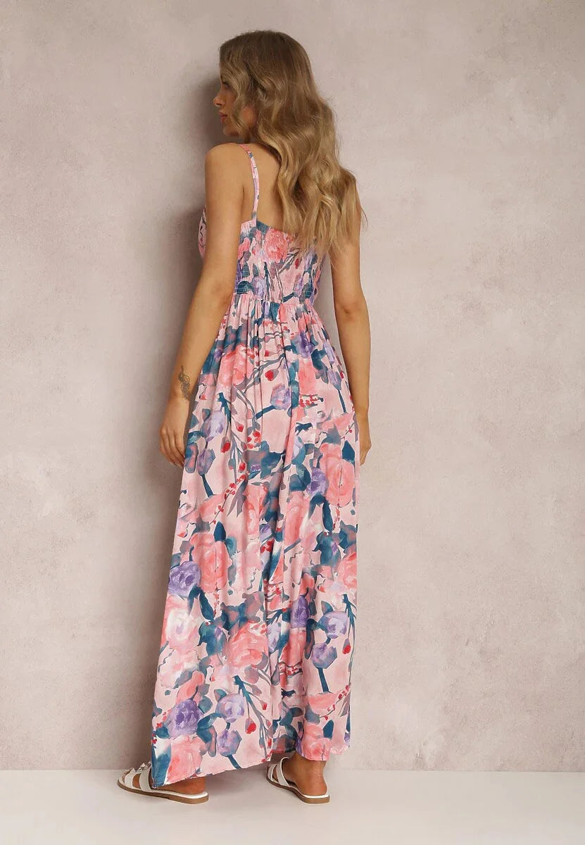 Women Watercolor Floral Print V Neck Spaghetti Strap Maxi Sundress