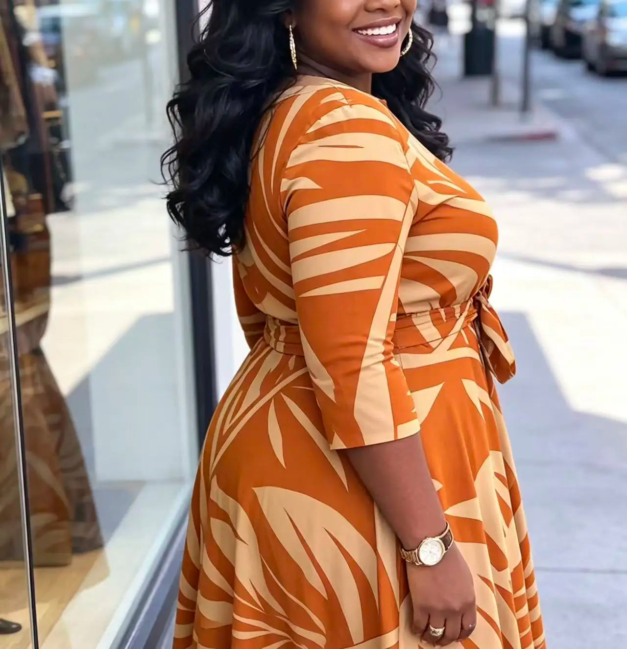 Elegant Palm Leaf Print Midi Dress With Tie Waist And Pockets