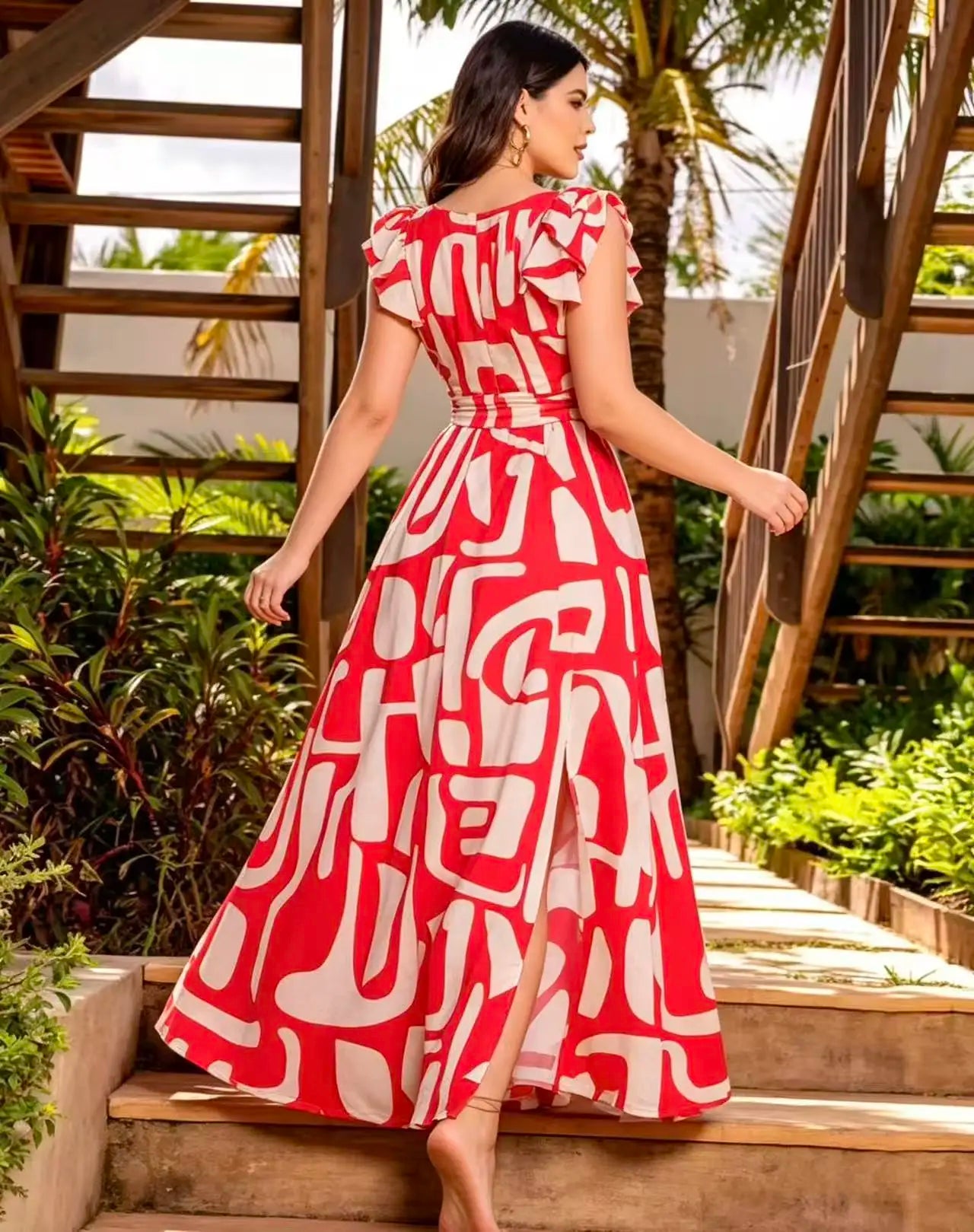 Elegant Geometric Print Sleeveless Maxi Dress With Bow