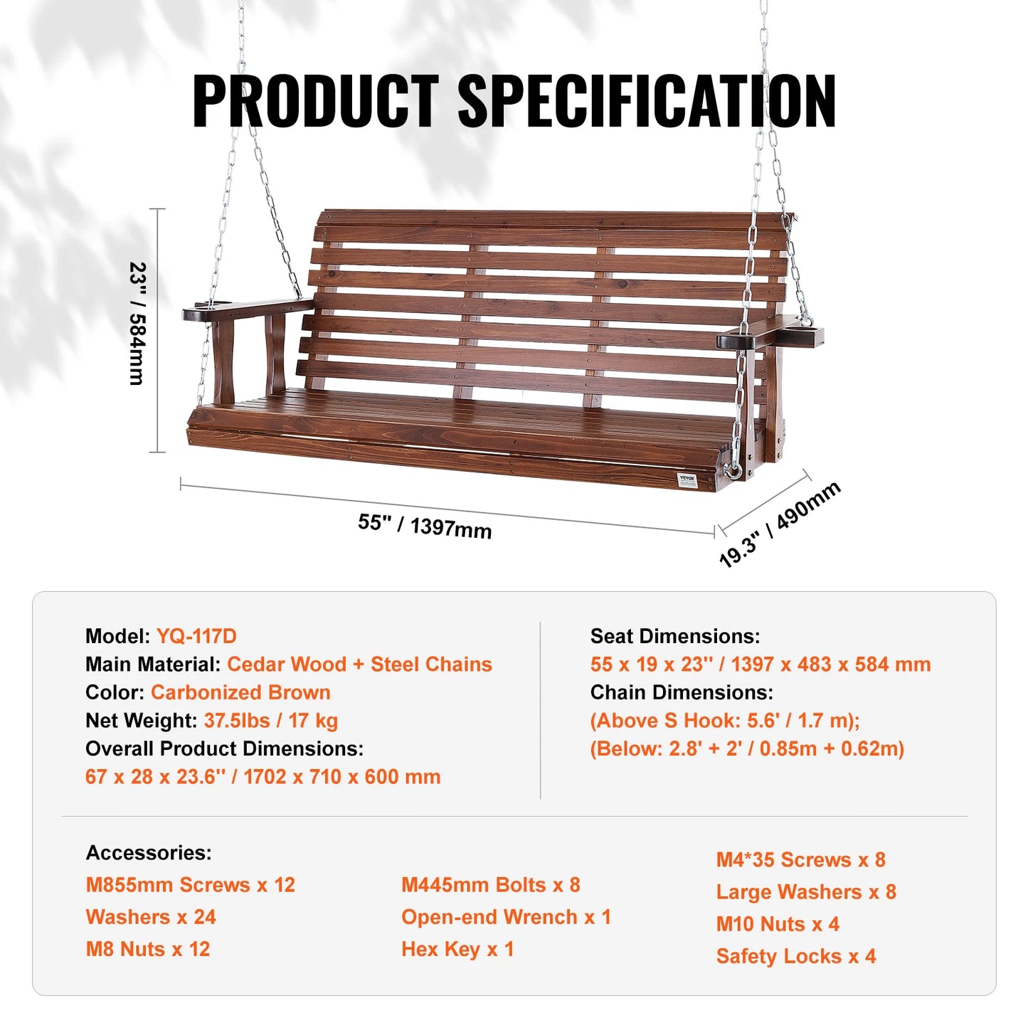 SucceBuy Outdoor Cedar Wood Porch Swing Heavy Duty Steel Chains