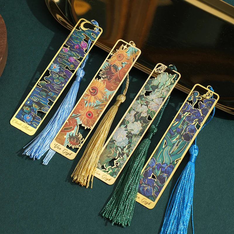 Retro Hollow Metal Bookmark Featuring Floral Painting And Tassel