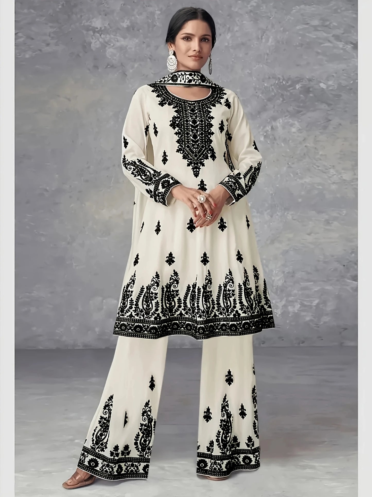 Women's Casual Polyester Ethnic Top Pants And Scarf Set
