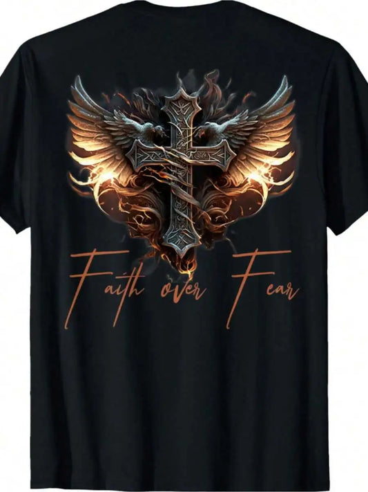 Men's Faith Over Fear Cross And Eagle Wings Graphic T-Shirt