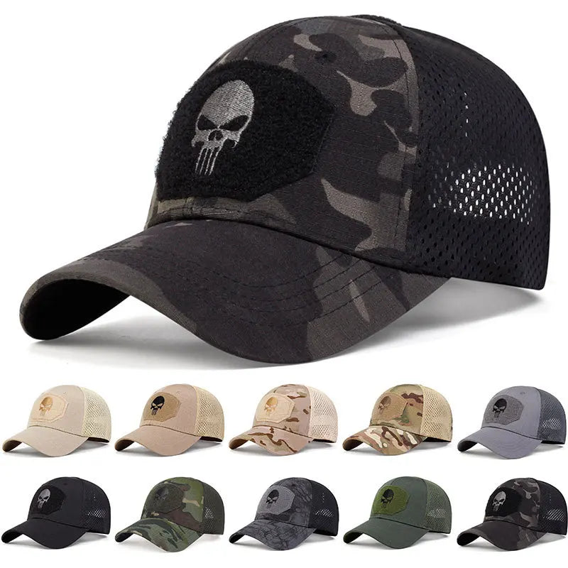 Adjustable Camouflage Mesh Baseball Cap With Skull Patch And Strap