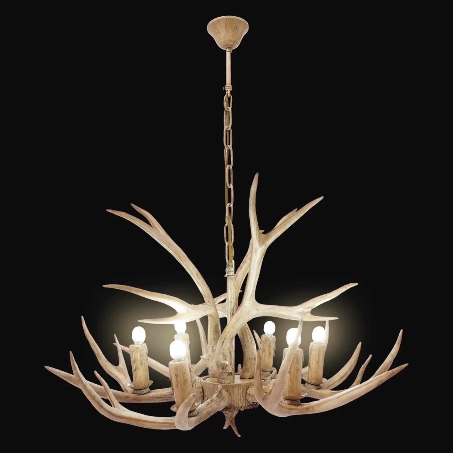 Retro Deer Antler Wood And Resin Six Light Ceiling Lamp