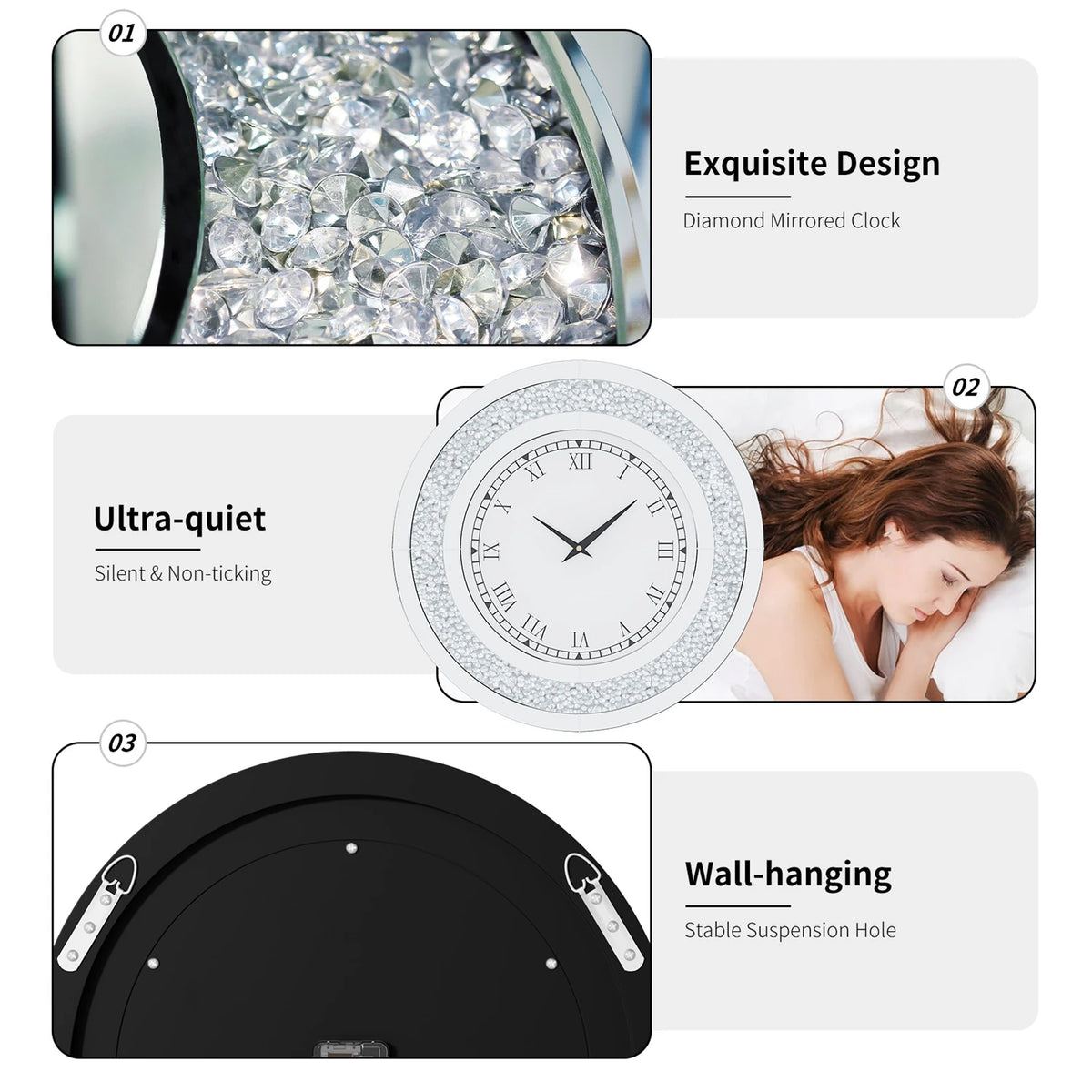 Crystal Sparkle Mirrored Round Wall Clock With Decorative Design
