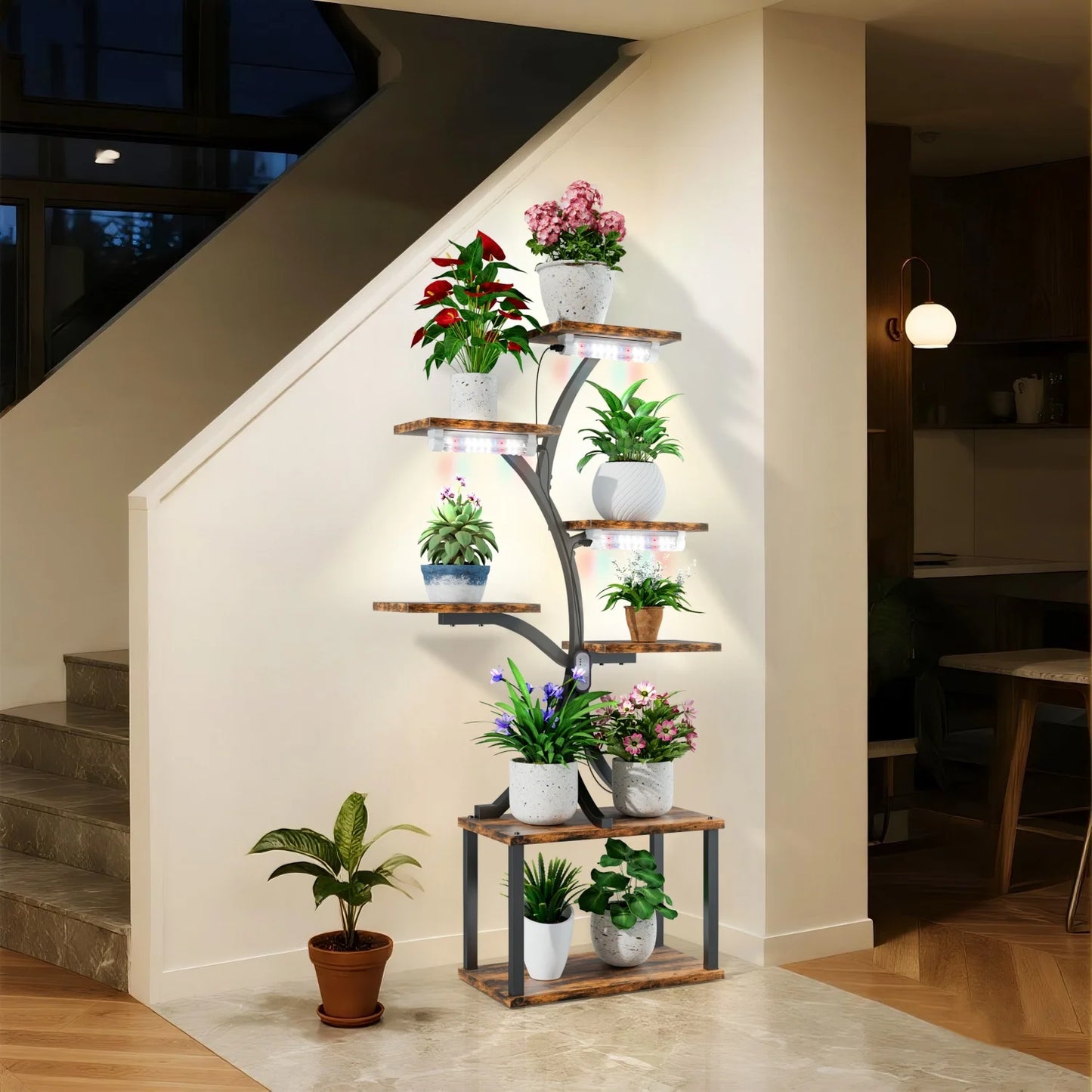 Tree Shaped Multitier Metal Wood Plant Display Stand With Lighting