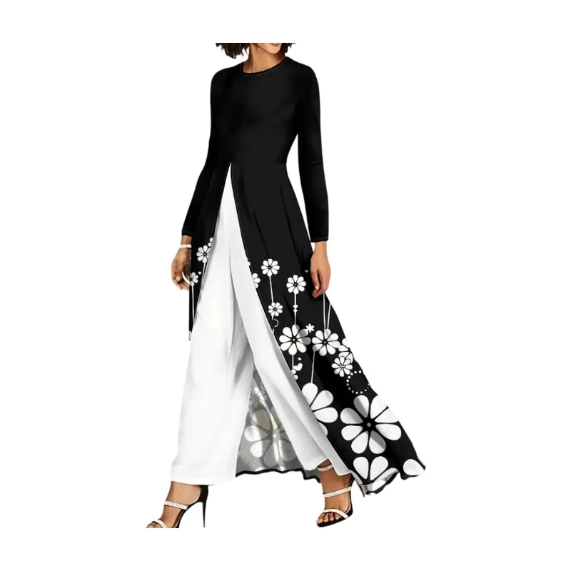 Casual Printed Knit Top And Wide Leg Pants Elegant Matching Set