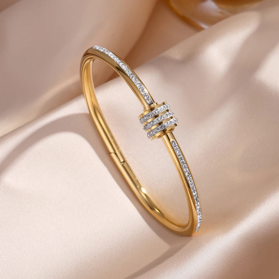 Sparkling Zirconia Stainless Steel Stackable Bracelet Set For Women