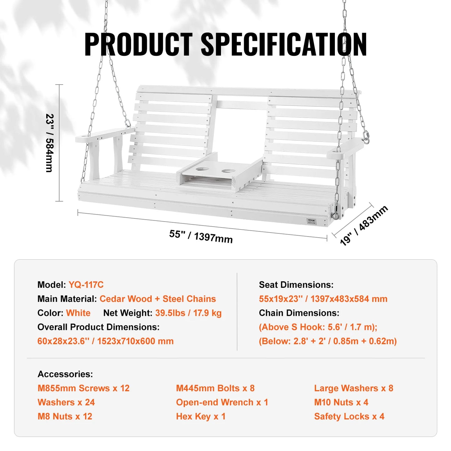SucceBuy Outdoor Cedar Wood Porch Swing Heavy Duty Steel Chains