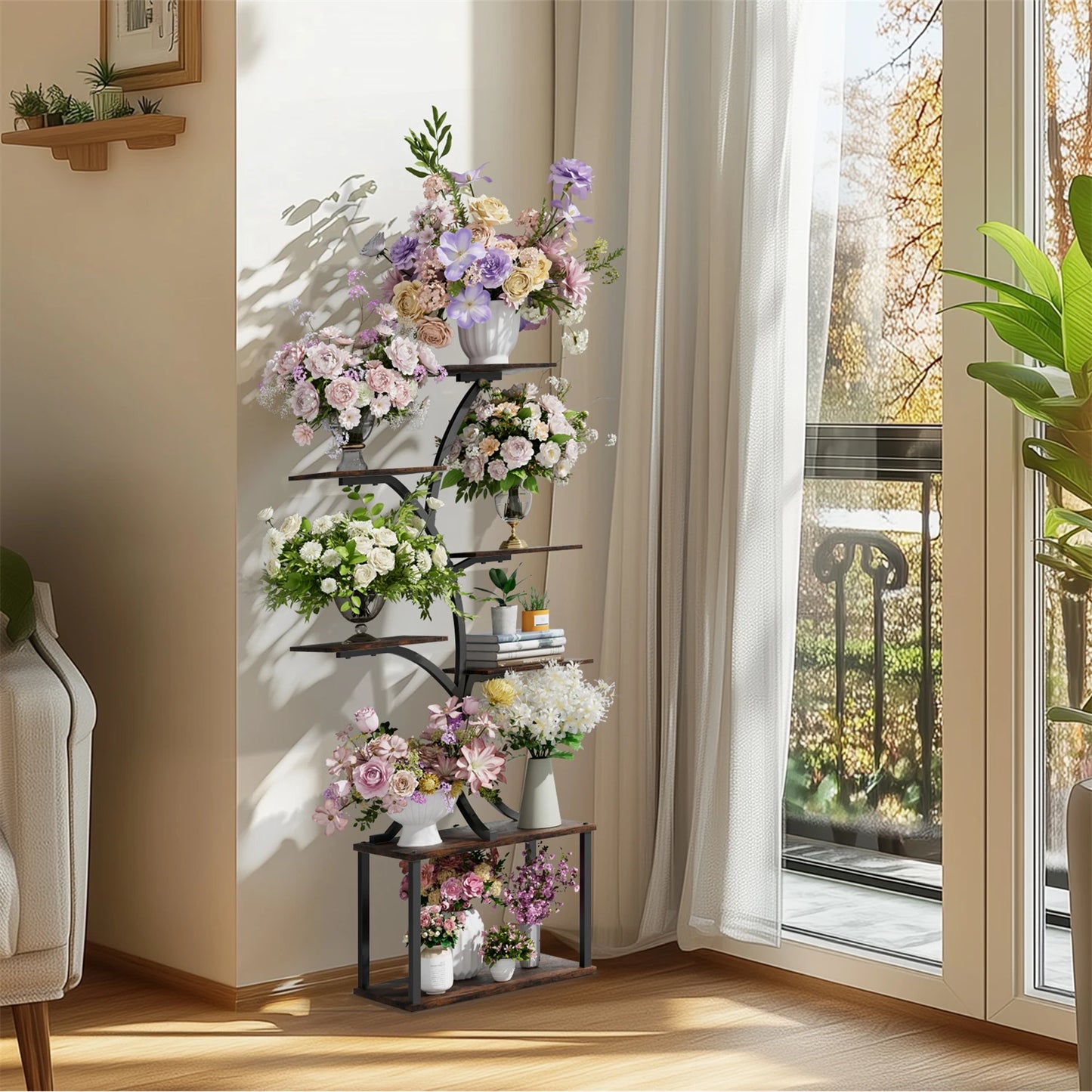 Tree Shaped Multitier Metal Wood Plant Display Stand With Lighting