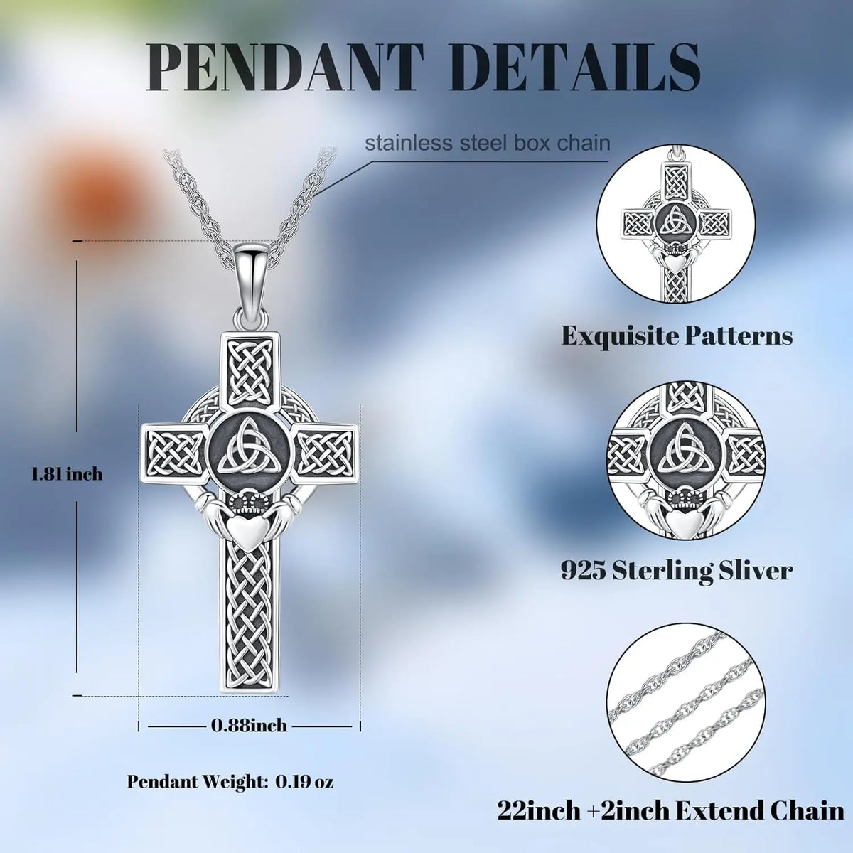 DRINSPER Sterling Silver Celtic Cross Evil Eye Trinity Knot Necklace