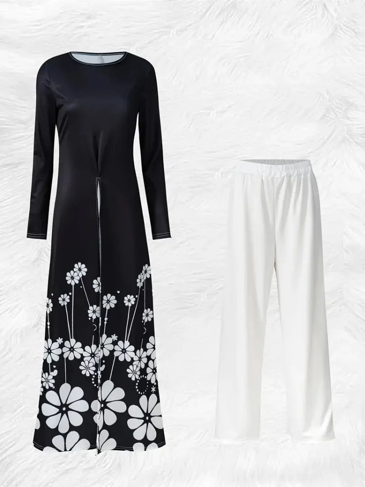 Casual Printed Knit Top And Wide Leg Pants Elegant Matching Set