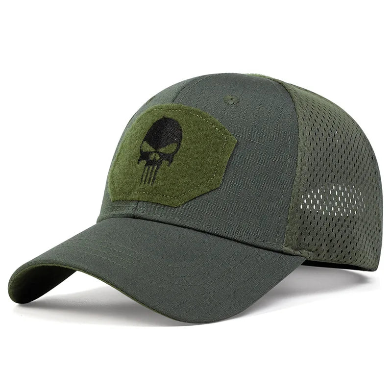 Adjustable Camouflage Mesh Baseball Cap With Skull Patch And Strap