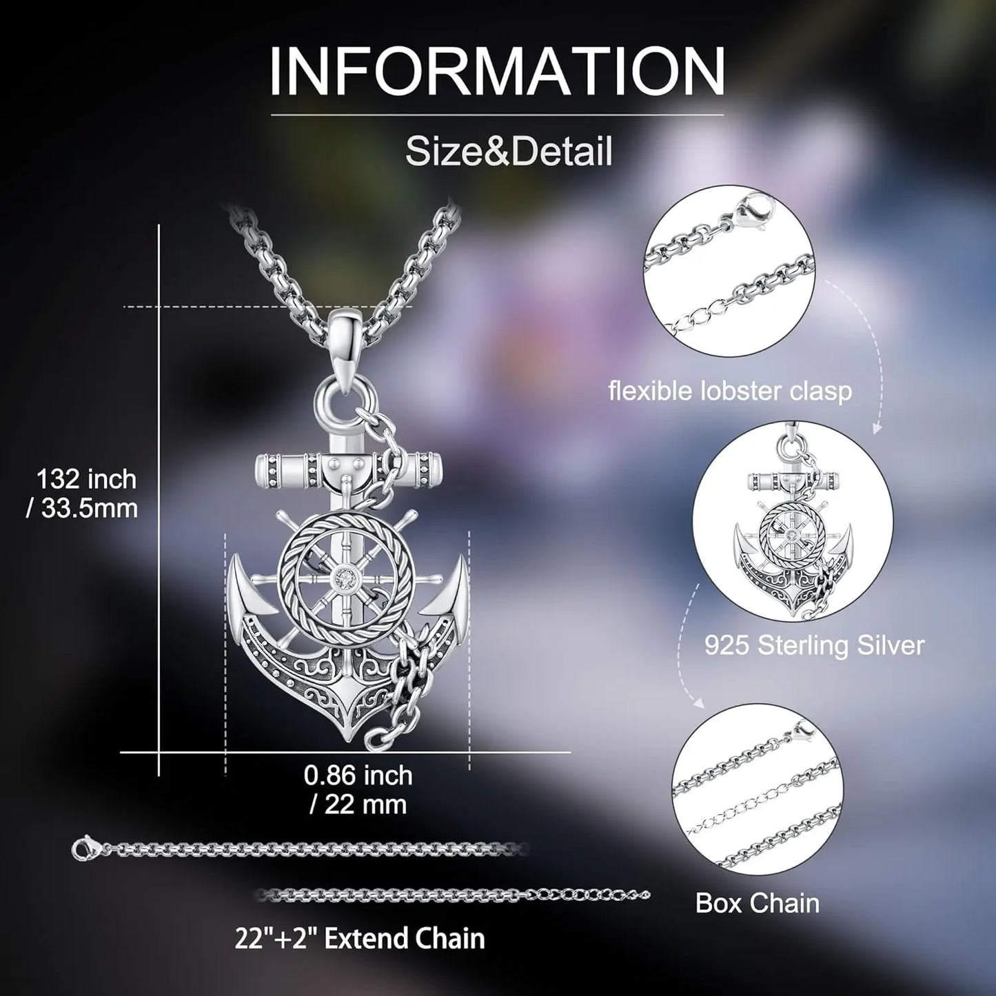 Drinsper 925 Sterling Silver Anchor Compass Pendant Necklace