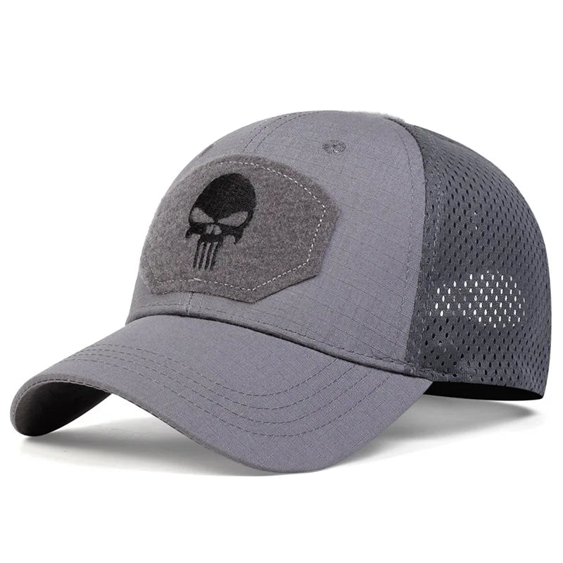 Adjustable Camouflage Mesh Baseball Cap With Skull Patch And Strap