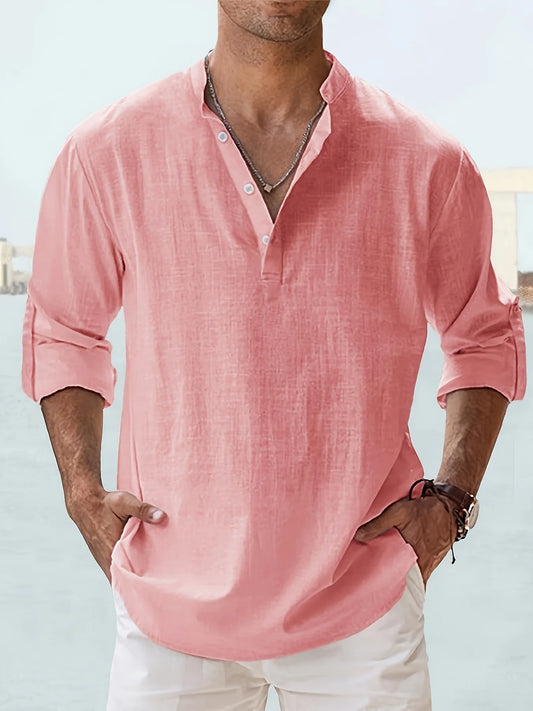 Mens Cotton Linen Long Sleeve Relaxed Casual Stand Collar Shirt