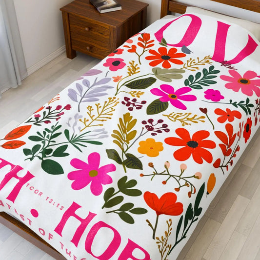 Floral Scripture Plush Blanket Featuring Love Faith and Hope