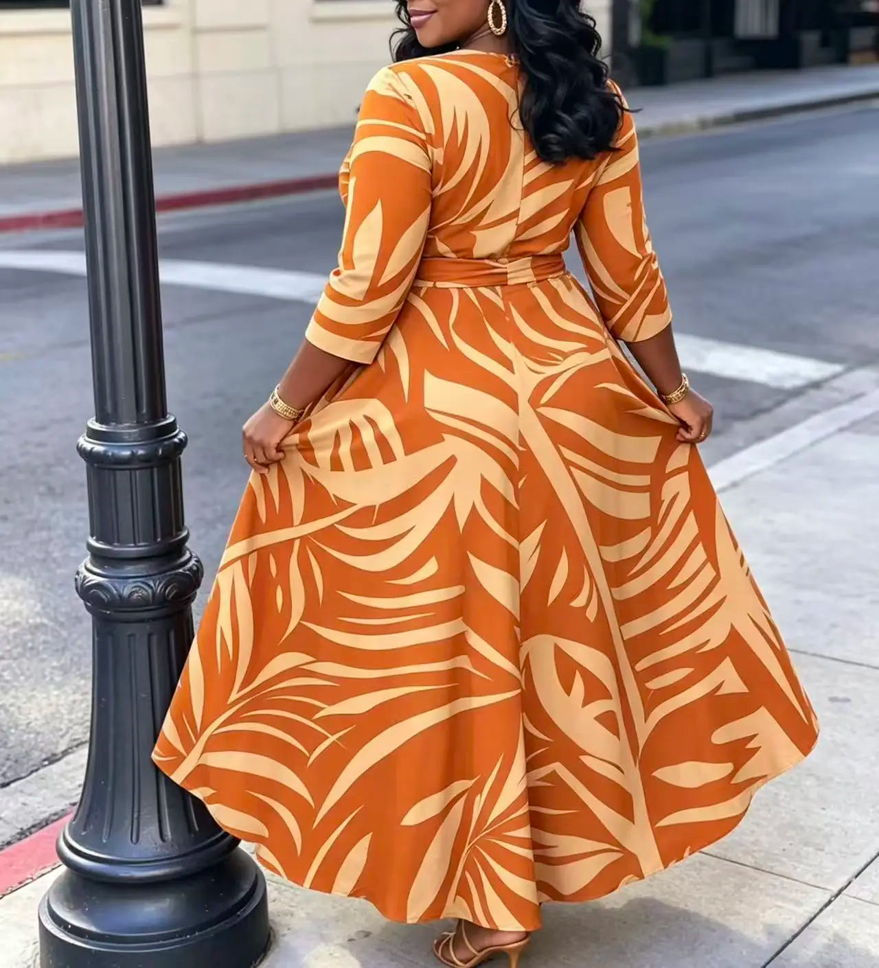 Elegant Palm Leaf Print Midi Dress With Tie Waist And Pockets