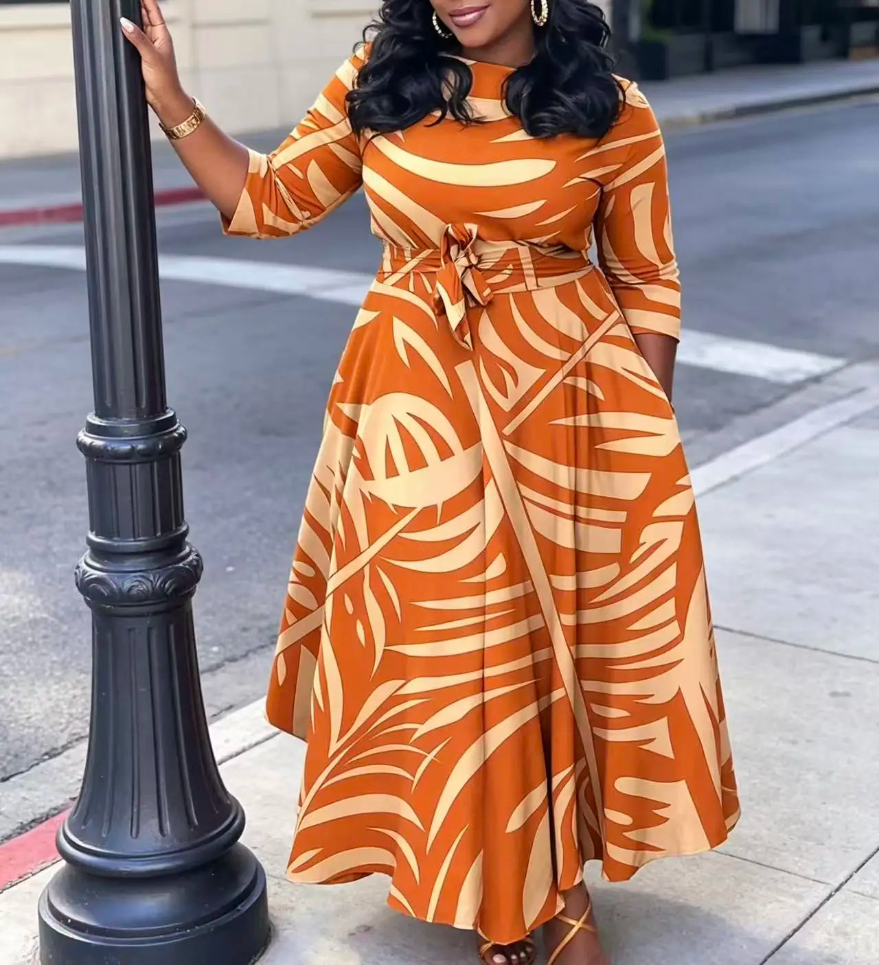 Elegant Palm Leaf Print Midi Dress With Tie Waist And Pockets