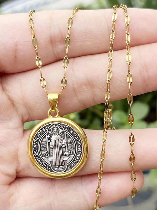 Saint Benedict Round Pendant Faith Necklace for Men and Women
