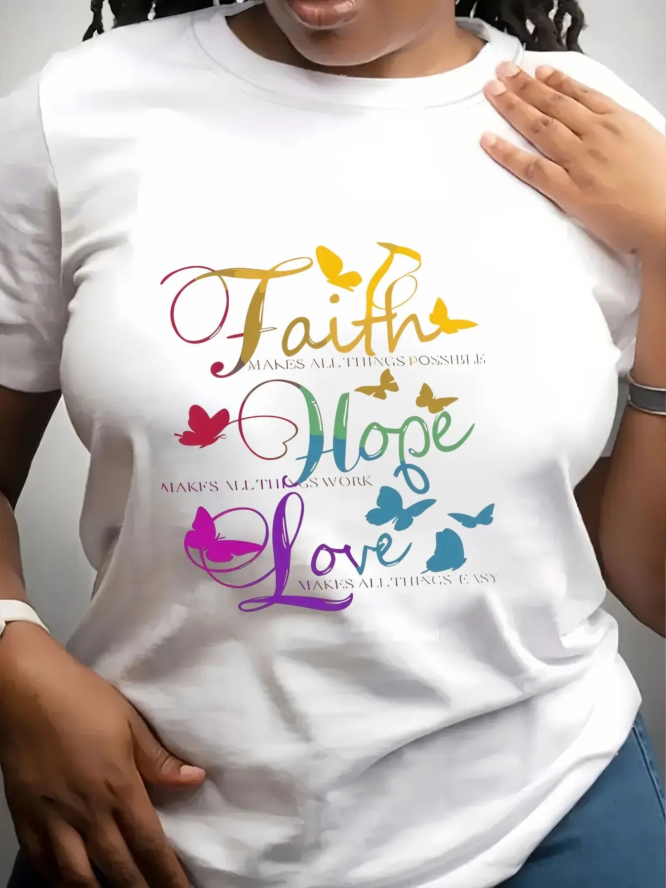 Women's Cotton Crew Neck Faith Hope Love Butterfly Print Top