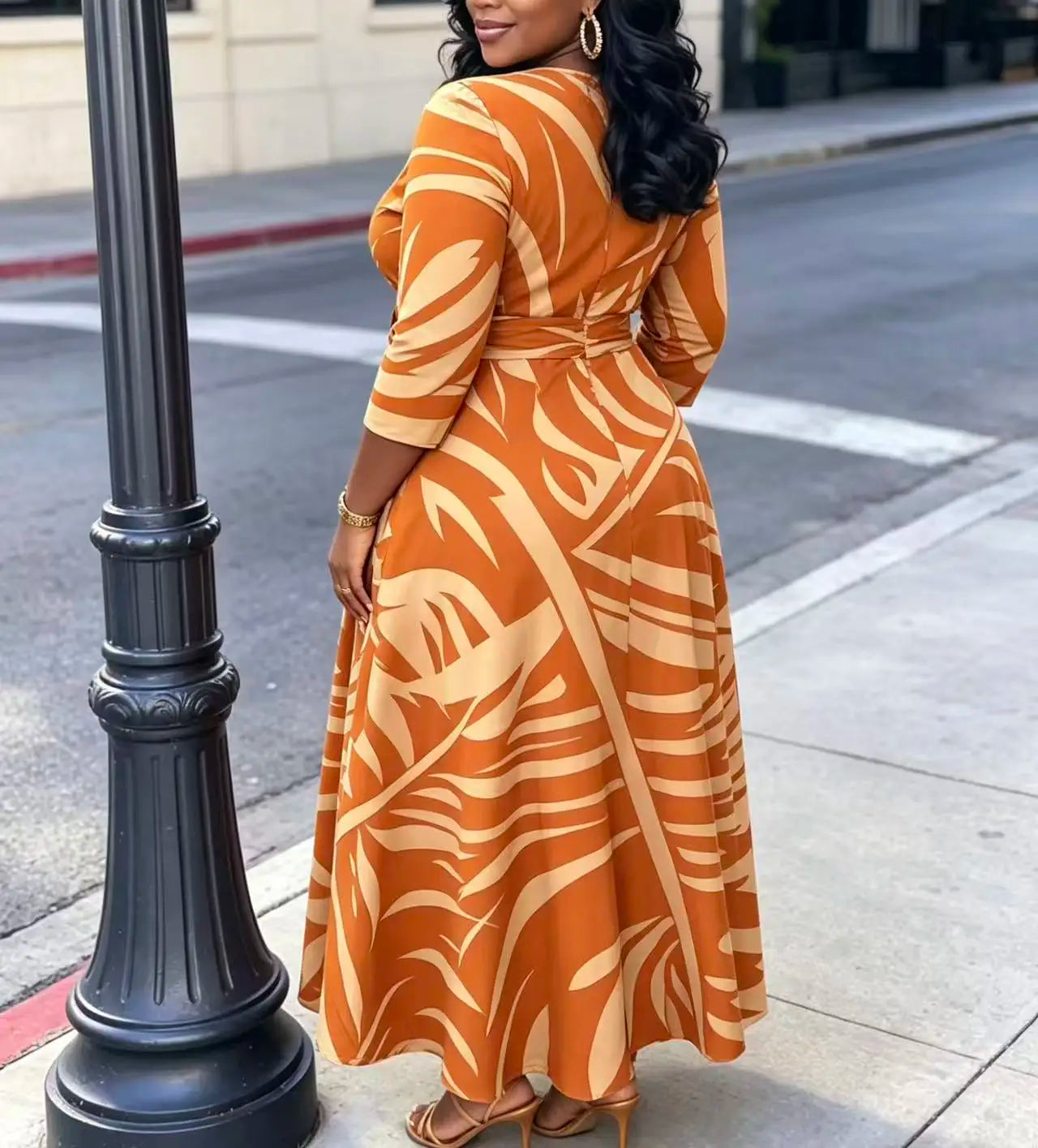 Elegant Palm Leaf Print Midi Dress With Tie Waist And Pockets