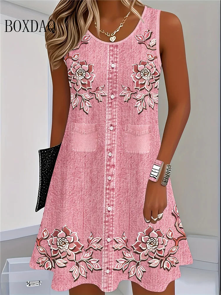 Boxdaq Women Bohemian Floral Print Knit Mini Summer Dress