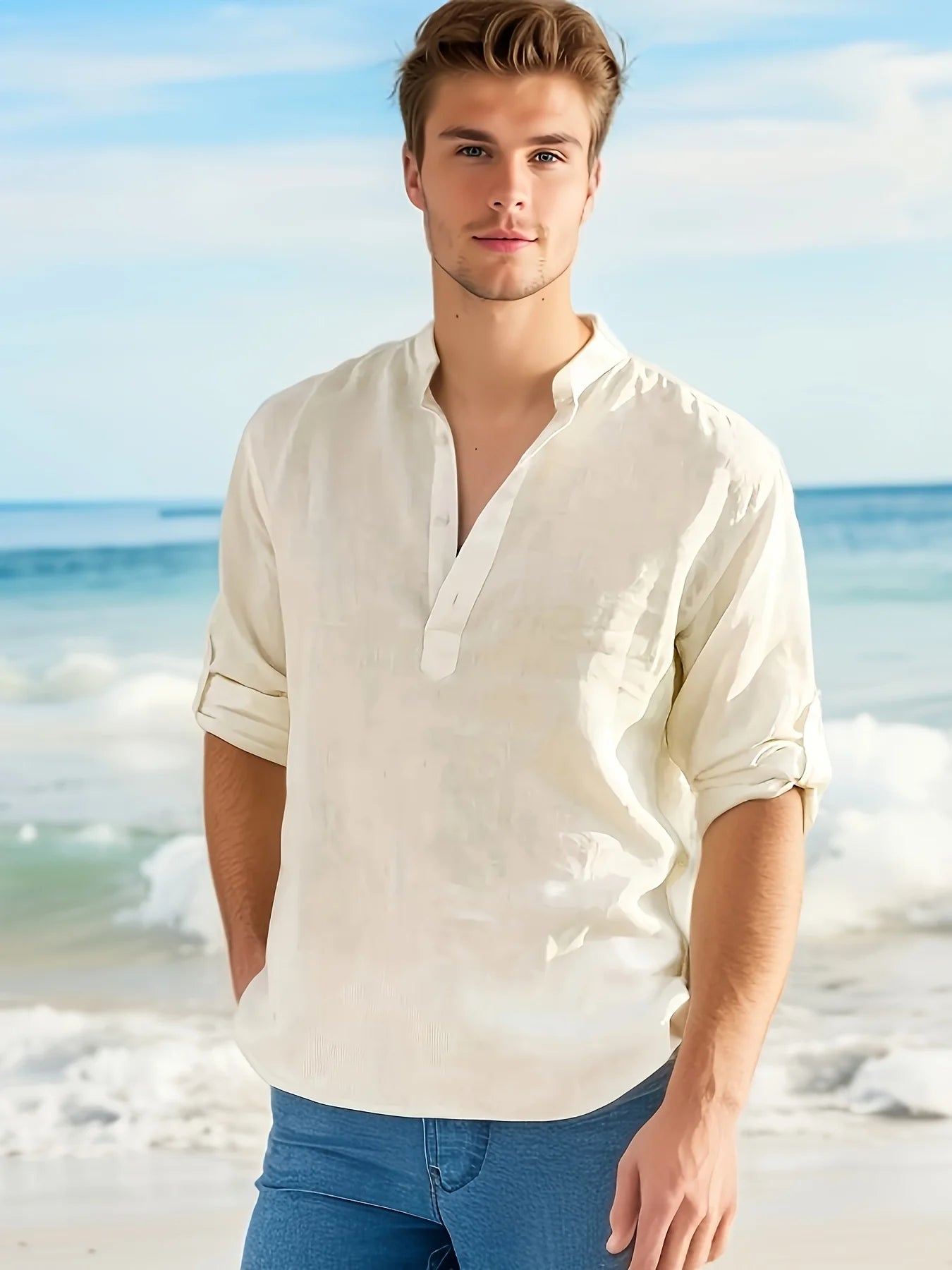 Mens Cotton Linen Long Sleeve Relaxed Casual Stand Collar Shirt