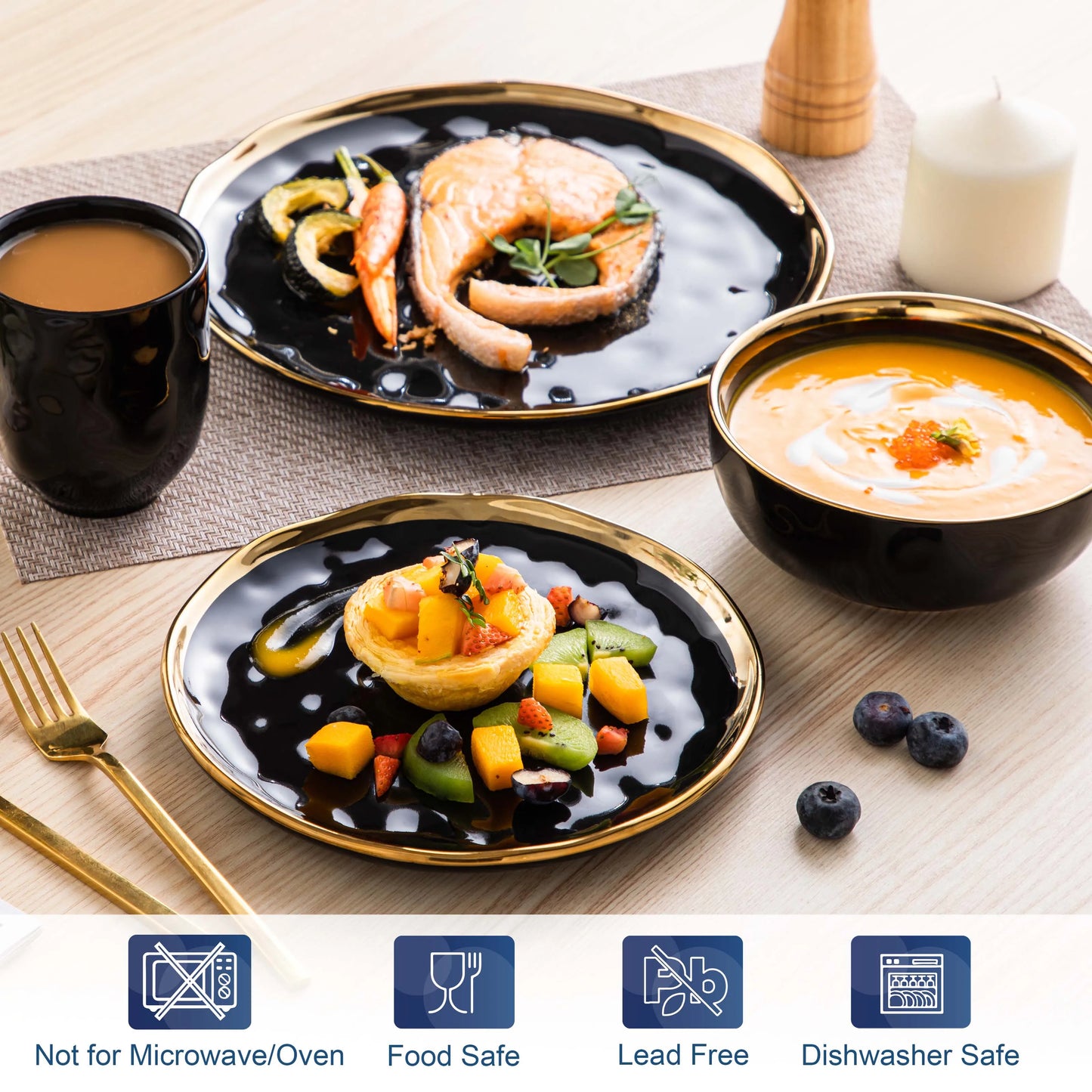 Malacasa Complete Ceramic Dinnerware Set With Gold Trim Tableware