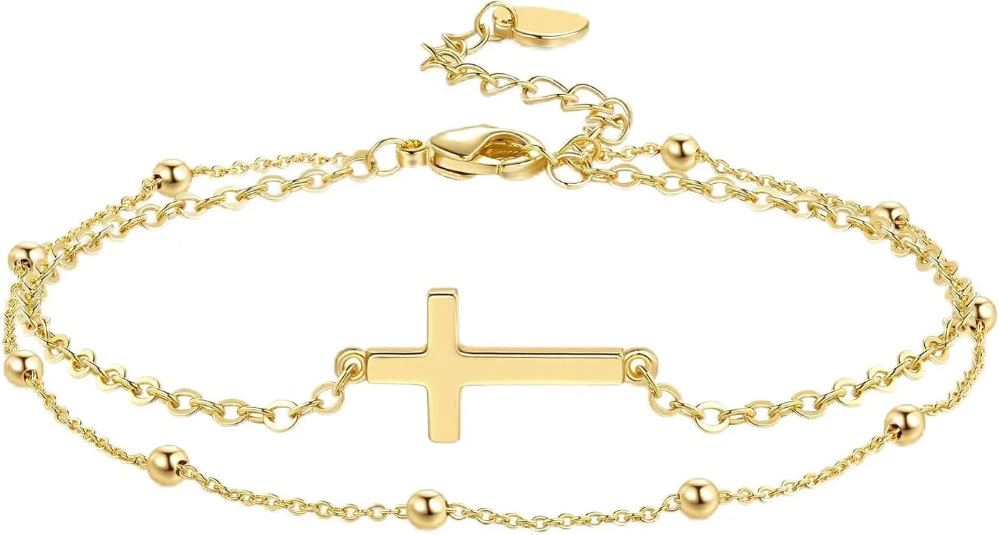 Women Double Layer Cross Beaded Chain Link Bracelet