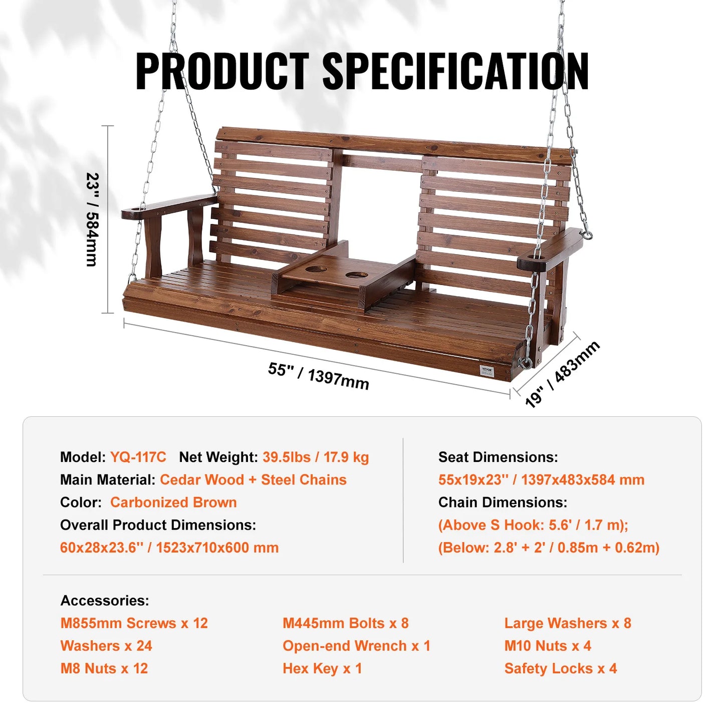 SucceBuy Outdoor Cedar Wood Porch Swing Heavy Duty Steel Chains