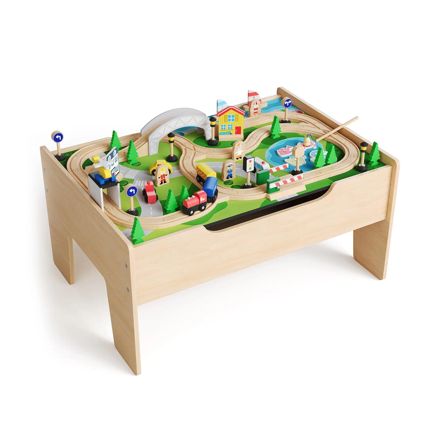 HiMISS Wooden Train Activity Table With Storage Drawer And Tracks