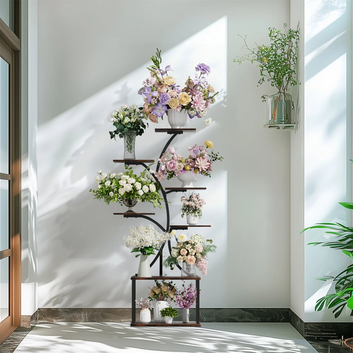 Tree Shaped Multitier Metal Wood Plant Display Stand With Lighting