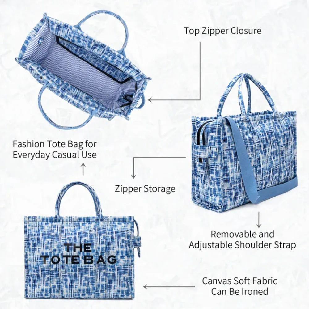 Denim Canvas Tote Bag With Zipper And Multiple Interior Pockets