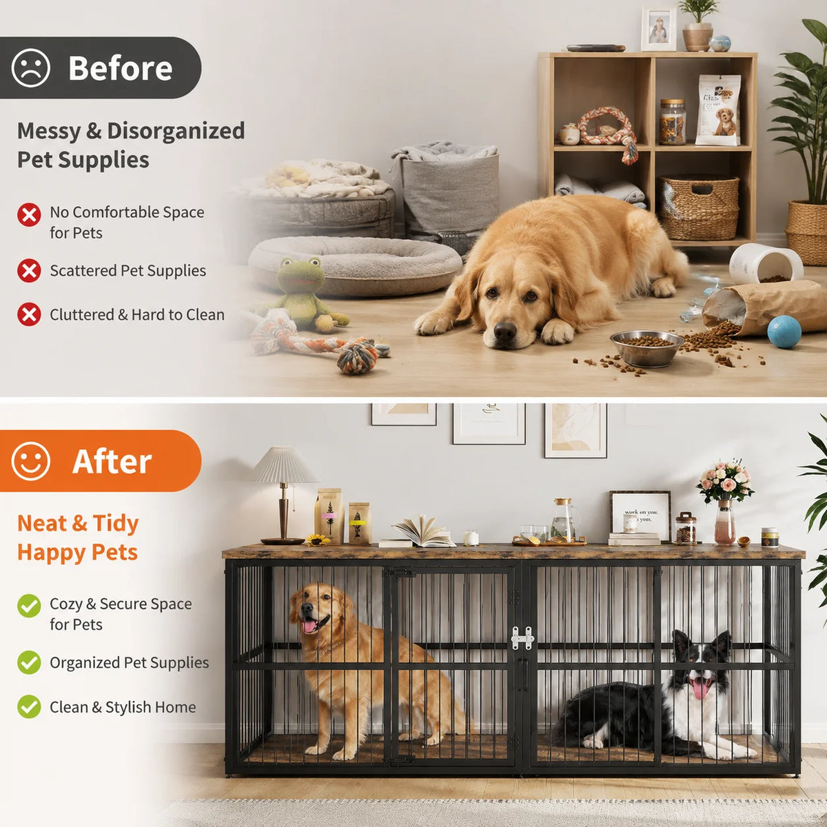 Double Dog Crate Furniture Cabinet With Divider And Storage Top