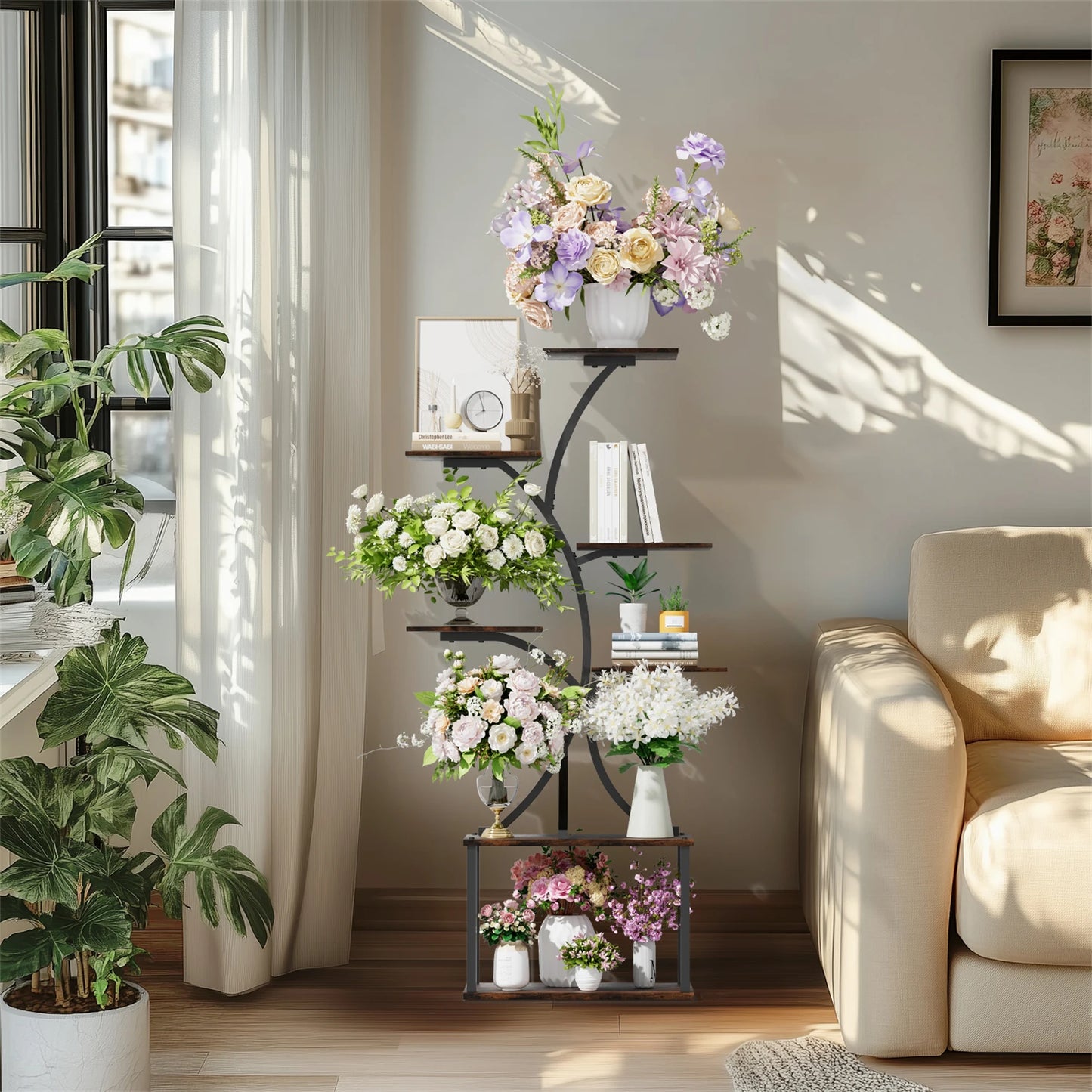 Tree Shaped Multitier Metal Wood Plant Display Stand With Lighting