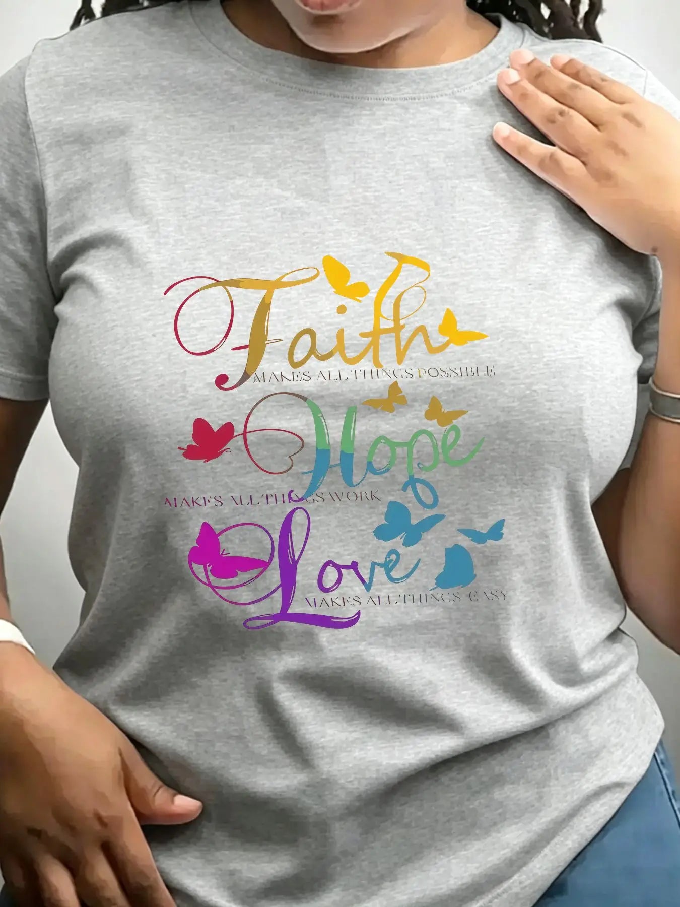 Women's Cotton Crew Neck Faith Hope Love Butterfly Print Top