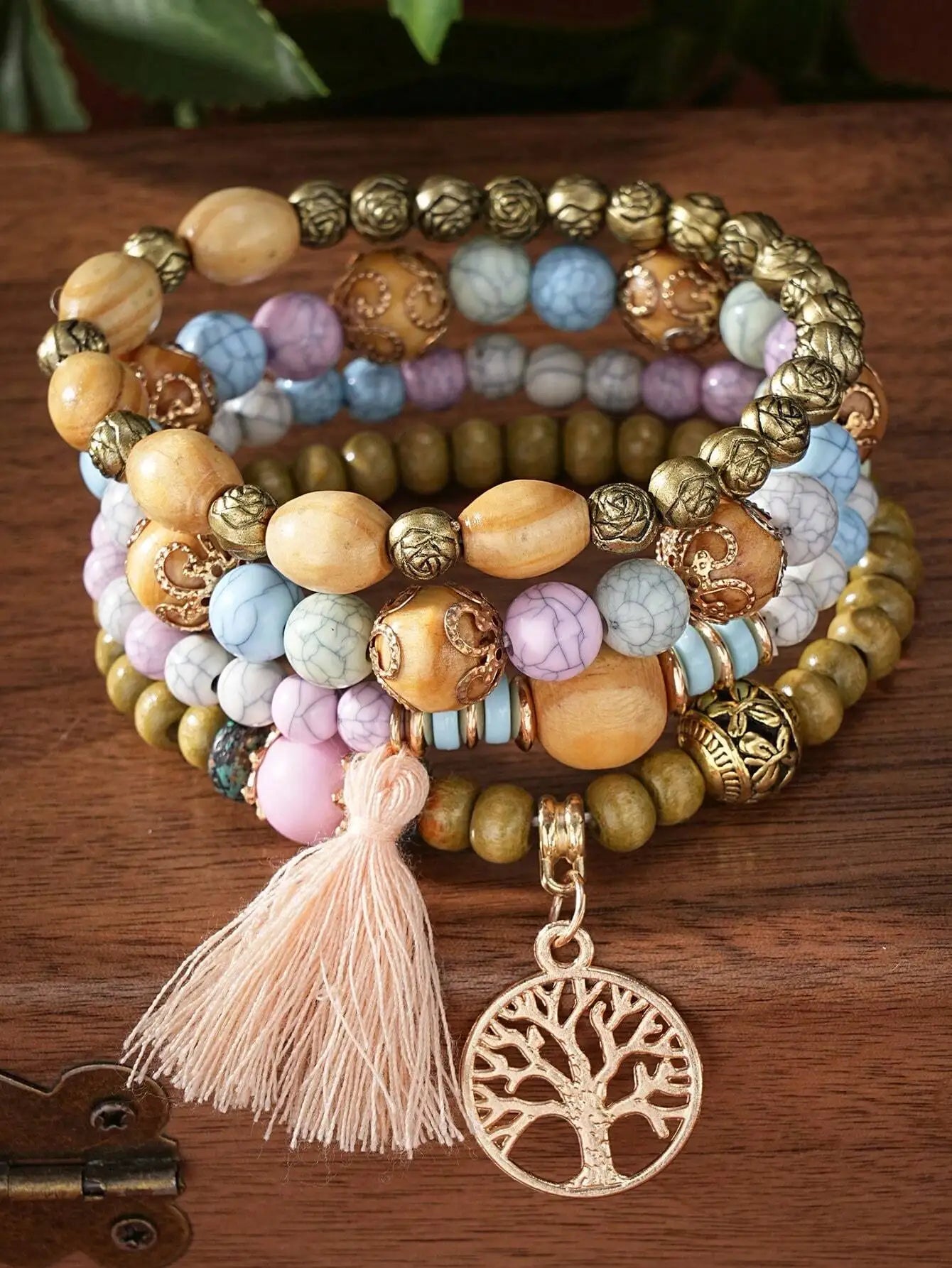 Boho Life Tree Tassel Pendant Multi Layer Wooden Beads Bracelet