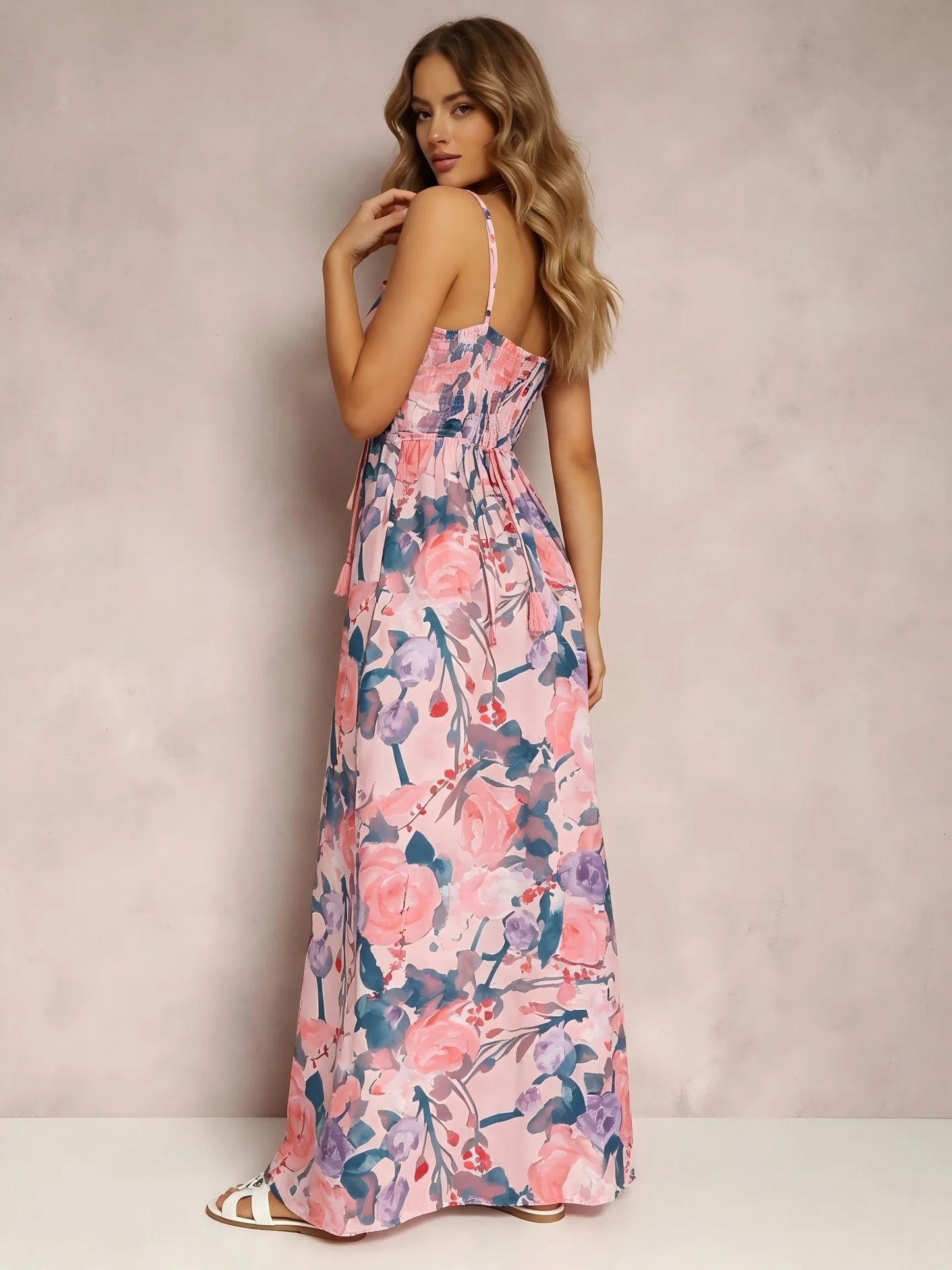 Women Watercolor Floral Print V Neck Spaghetti Strap Maxi Sundress