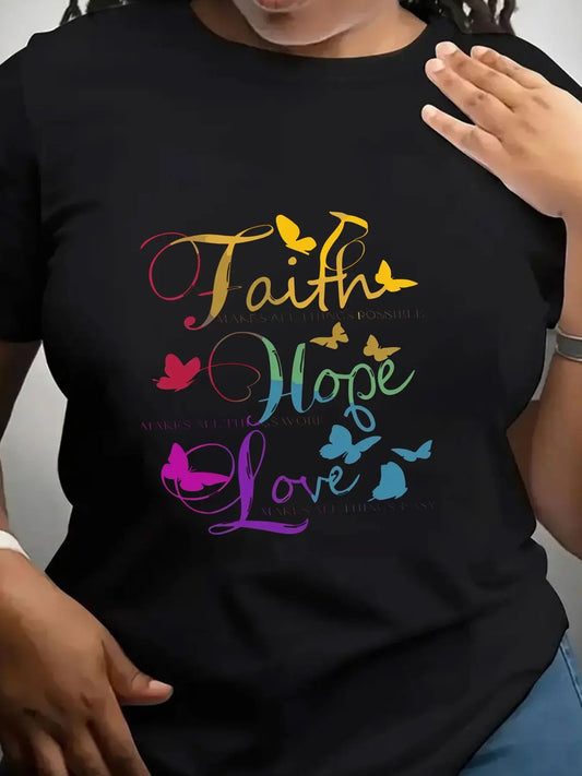 Women's Cotton Crew Neck Faith Hope Love Butterfly Print Top