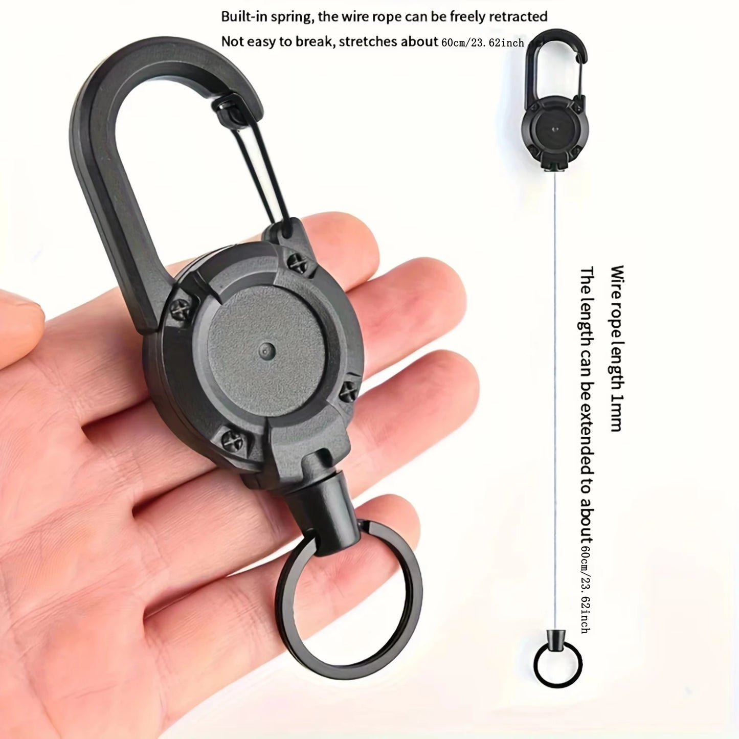 Retractable Heavy Duty Wire Rope Key Chain With Carabiner Buckle