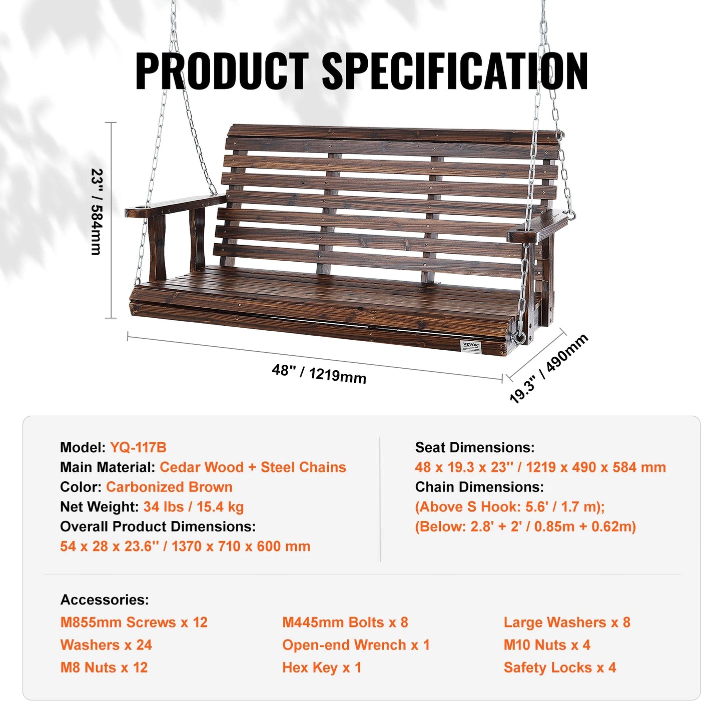 SucceBuy Outdoor Cedar Wood Porch Swing Heavy Duty Steel Chains