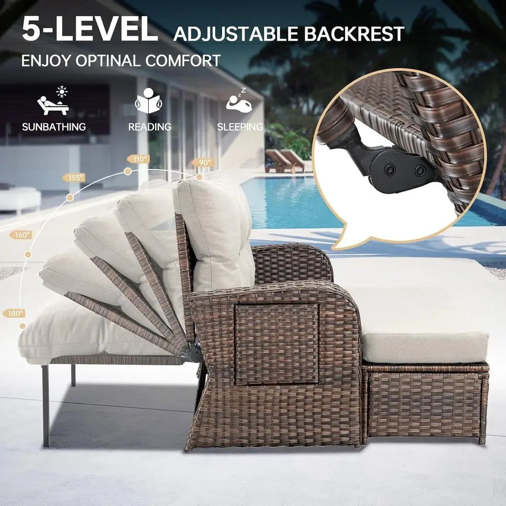 Outdoor Patio Daybed With Dual Reclining Seats And Side Trays
