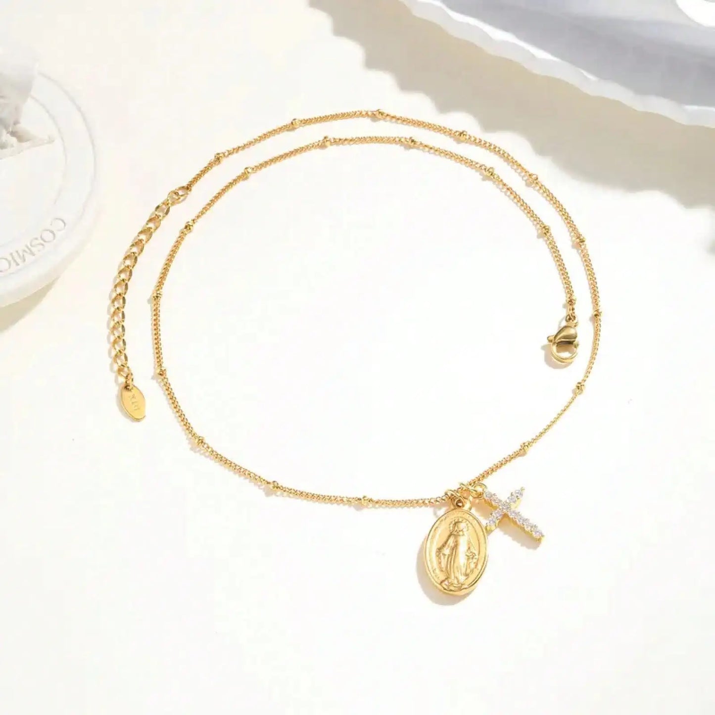Virgin Mary Cross Pendant Necklace With Gold Plated Steel Chain
